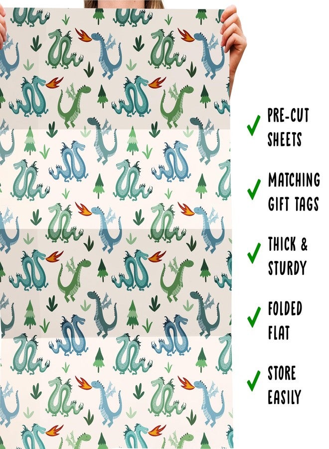 CENTRAL 23 Dragon Wrapping Paper - Boys Birthday Wrapping Paper - 6 Sheets Gift Wrap For Christmas Baby Shower Easter - Blue Green Cream Cute Kods Son Student - Comes With Tags - Eco-friendly - Image 5